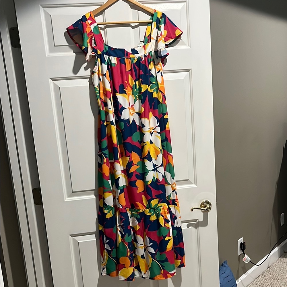 Orange and Blue Maxi Sundress with Flutter Cap Sleeves